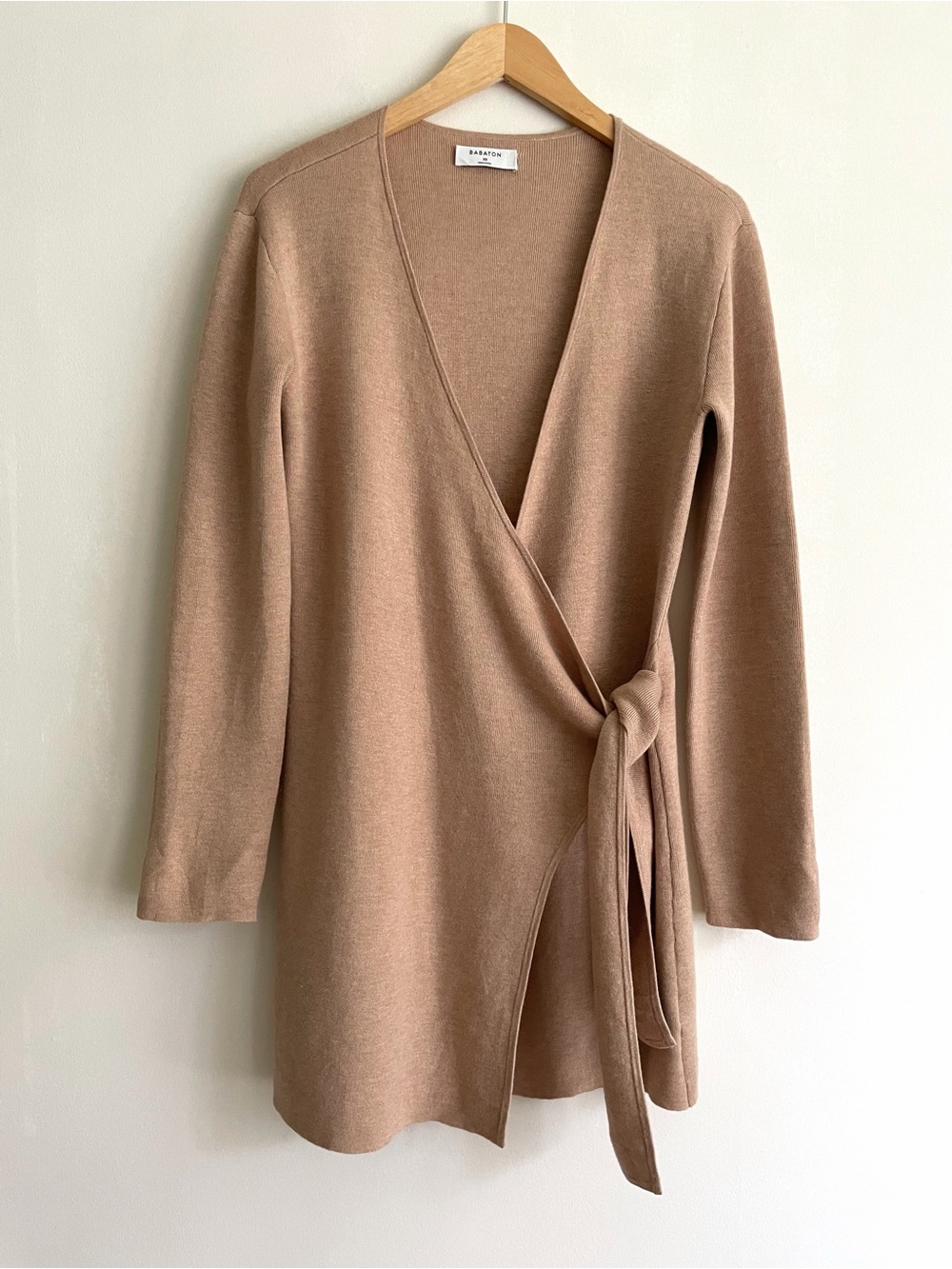 Aritzia Babaton Renzo Wool Linen Blend Wrap Tie Longline Cardigan Camel Tan